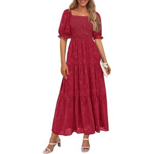 PRETTYGARDEN Women’s 2026 Summer Casual Midi Dresses Square Neck Short Sleeve Smocked A Line Floral Flowy Elegant Boho Dress(Red)