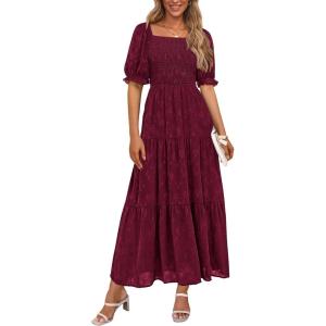 PRETTYGARDEN Women’s 2026 Summer Casual Midi Dresses Square Neck Short Sleeve Smocked A Line Floral Flowy Elegant Boho Dress(Wine Red)