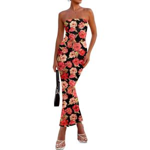 PRETTYGARDEN Women’s 2026 Summer Floral Bodycon Maxi Dresses Ribbed Strapless Tube Casual Boho Party Long Dress(Floral Black)