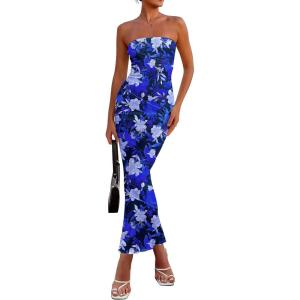 PRETTYGARDEN Women’s 2026 Summer Floral Bodycon Maxi Dresses Ribbed Strapless Tube Casual Boho Party Long Dress(Floral Blue)