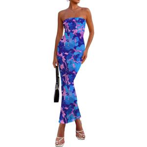 PRETTYGARDEN Women’s 2026 Summer Floral Bodycon Maxi Dresses Ribbed Strapless Tube Casual Boho Party Long Dress(Floral Blue Pink)