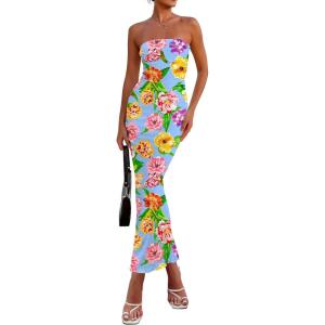 PRETTYGARDEN Women’s 2026 Summer Floral Bodycon Maxi Dresses Ribbed Strapless Tube Casual Boho Party Long Dress(Floral Light Blue)