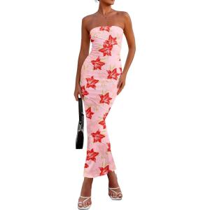 PRETTYGARDEN Women’s 2026 Summer Floral Bodycon Maxi Dresses Ribbed Strapless Tube Casual Boho Party Long Dress(Floral Pink Red)