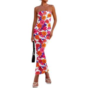 PRETTYGARDEN Women’s 2026 Summer Floral Bodycon Maxi Dresses Ribbed Strapless Tube Casual Boho Party Long Dress(Floral White)