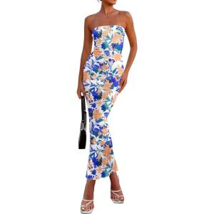 PRETTYGARDEN Women’s 2026 Summer Floral Bodycon Maxi Dresses Ribbed Strapless Tube Casual Boho Party Long Dress(Floral White Blue)