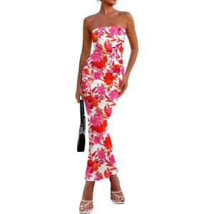 PRETTYGARDEN Women’s 2026 Summer Floral Bodycon Maxi Dresses Ribbed Strapless Tube Casual Boho Party Long Dress(Floral White Pink)