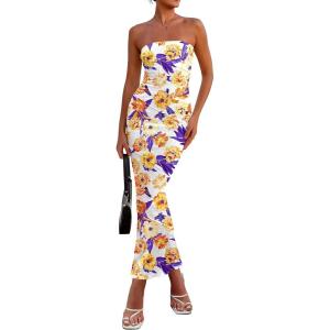 PRETTYGARDEN Women’s 2026 Summer Floral Bodycon Maxi Dresses Ribbed Strapless Tube Casual Boho Party Long Dress(Floral White Yellow)