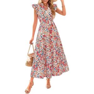 PRETTYGARDEN Women’s 2026 Summer Floral Midi Dress Cap Sleeve V Neck Ruffle Long Flowy Boho Casual Beach Vacation Dresses(Floral Blue Orange)