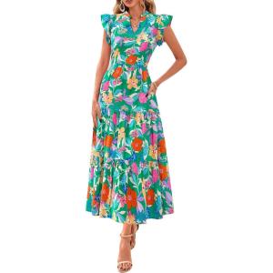 PRETTYGARDEN Women’s 2026 Summer Floral Midi Dress Cap Sleeve V Neck Ruffle Long Flowy Boho Casual Beach Vacation Dresses(Floral Green Orange)