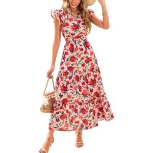 PRETTYGARDEN Women’s 2026 Summer Floral Midi Dress Cap Sleeve V Neck Ruffle Long Flowy Boho Casual Beach Vacation Dresses(Floral Orange Pink Red)