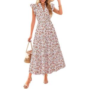 PRETTYGARDEN Women’s 2026 Summer Floral Midi Dress Cap Sleeve V Neck Ruffle Long Flowy Boho Casual Beach Vacation Dresses(Floral White Orange)