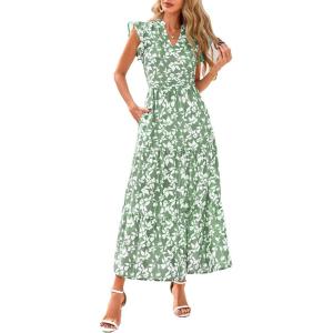 PRETTYGARDEN Women’s 2026 Summer Floral Midi Dress Cap Sleeve V Neck Ruffle Long Flowy Boho Casual Beach Vacation Dresses(Leaves Light Green)