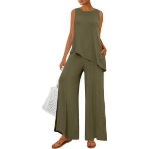 PRETTYGARDEN Women’s 2026 Two Piece Matching Lounge Sets Asymmetrical Split Tank Tops Wide Leg Pants Summer Outfits Tracksuit(Army Green)