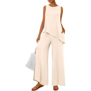 PRETTYGARDEN Women’s 2026 Two Piece Matching Lounge Sets Asymmetrical Split Tank Tops Wide Leg Pants Summer Outfits Tracksuit(Beige)
