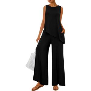 PRETTYGARDEN Women’s 2026 Two Piece Matching Lounge Sets Asymmetrical Split Tank Tops Wide Leg Pants Summer Outfits Tracksuit(Black)