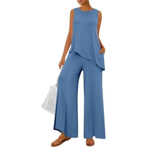 PRETTYGARDEN Women’s 2026 Two Piece Matching Lounge Sets Asymmetrical Split Tank Tops Wide Leg Pants Summer Outfits Tracksuit(Blue)