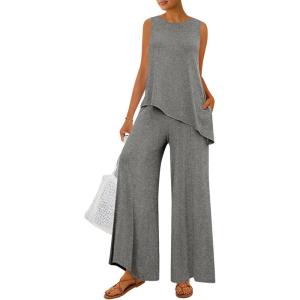 PRETTYGARDEN Women’s 2026 Two Piece Matching Lounge Sets Asymmetrical Split Tank Tops Wide Leg Pants Summer Outfits Tracksuit(Grey)