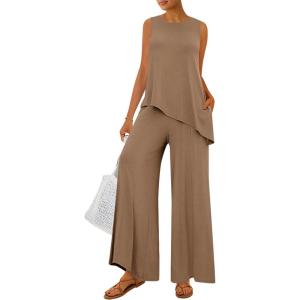 PRETTYGARDEN Women’s 2026 Two Piece Matching Lounge Sets Asymmetrical Split Tank Tops Wide Leg Pants Summer Outfits Tracksuit(Khaki)