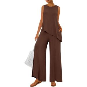 PRETTYGARDEN Women’s 2026 Two Piece Matching Lounge Sets Asymmetrical Split Tank Tops Wide Leg Pants Summer Outfits Tracksuit(Light Coffee)