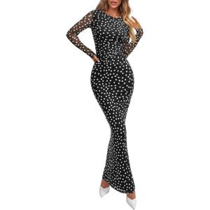 PRETTYGARDEN Women’s Bodycon Maxi Dress Fall Spring Fashion Long Sleeve Floral Print Tight Fitted Party Club Ruched Dresses(01 Polka Dot Black White)
