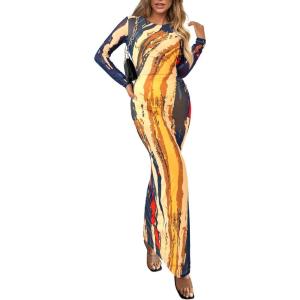 PRETTYGARDEN Women’s Bodycon Maxi Dress Fall Spring Fashion Long Sleeve Floral Print Tight Fitted Party Club Ruched Dresses(Navy Watercolor)