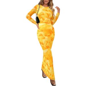 PRETTYGARDEN Women’s Bodycon Maxi Dress Fall Spring Fashion Long Sleeve Floral Print Tight Fitted Party Club Ruched Dresses(Yellow Big Floral)