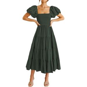 PRETTYGARDEN Women’s Casual Summer Midi Dress Puffy Short Sleeve Square Neck Smocked Tiered Ruffle Dresses(Army Green)