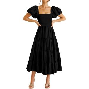 PRETTYGARDEN Women’s Casual Summer Midi Dress Puffy Short Sleeve Square Neck Smocked Tiered Ruffle Dresses(Black)