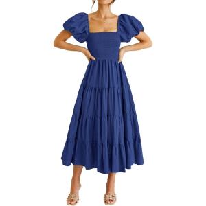PRETTYGARDEN Women’s Casual Summer Midi Dress Puffy Short Sleeve Square Neck Smocked Tiered Ruffle Dresses(Blue)
