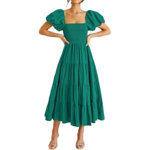 PRETTYGARDEN Women’s Casual Summer Midi Dress Puffy Short Sleeve Square Neck Smocked Tiered Ruffle Dresses(Dark Green)
