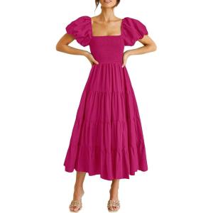 PRETTYGARDEN Women’s Casual Summer Midi Dress Puffy Short Sleeve Square Neck Smocked Tiered Ruffle Dresses(Dark Rose Red)