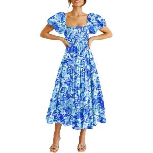 PRETTYGARDEN Women’s Casual Summer Midi Dress Puffy Short Sleeve Square Neck Smocked Tiered Ruffle Dresses(Floral Blue)