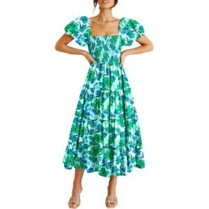 PRETTYGARDEN Women’s Casual Summer Midi Dress Puffy Short Sleeve Square Neck Smocked Tiered Ruffle Dresses(Floral Green)