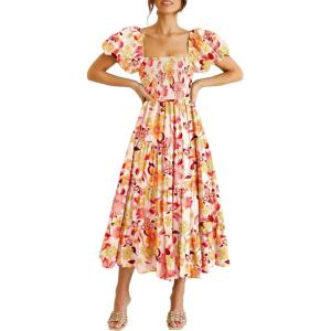 PRETTYGARDEN Women’s Casual Summer Midi Dress Puffy Short Sleeve Square Neck Smocked Tiered Ruffle Dresses(Floral Orange Red)