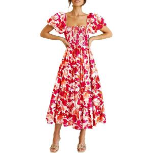 PRETTYGARDEN Women’s Casual Summer Midi Dress Puffy Short Sleeve Square Neck Smocked Tiered Ruffle Dresses(Floral Red)