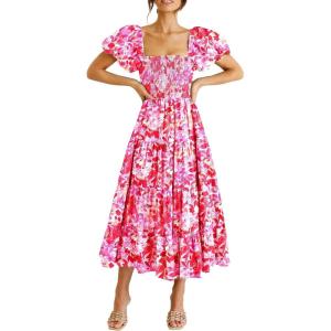 PRETTYGARDEN Women’s Casual Summer Midi Dress Puffy Short Sleeve Square Neck Smocked Tiered Ruffle Dresses(Floral Rose Red)