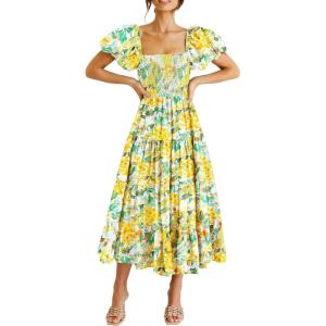 PRETTYGARDEN Women’s Casual Summer Midi Dress Puffy Short Sleeve Square Neck Smocked Tiered Ruffle Dresses(Floral Yellow)