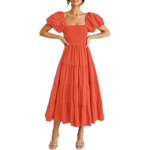 PRETTYGARDEN Women’s Casual Summer Midi Dress Puffy Short Sleeve Square Neck Smocked Tiered Ruffle Dresses(Orange)
