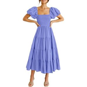 PRETTYGARDEN Women’s Casual Summer Midi Dress Puffy Short Sleeve Square Neck Smocked Tiered Ruffle Dresses(Purple Blue)