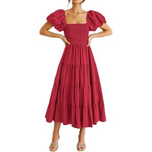 PRETTYGARDEN Women’s Casual Summer Midi Dress Puffy Short Sleeve Square Neck Smocked Tiered Ruffle Dresses(Red)