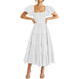 PRETTYGARDEN Women’s Casual Summer Midi Dress Puffy Short Sleeve Square Neck Smocked Tiered Ruffle Dresses(White)