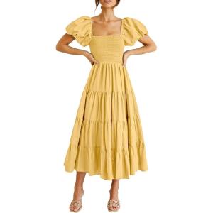 PRETTYGARDEN Women’s Casual Summer Midi Dress Puffy Short Sleeve Square Neck Smocked Tiered Ruffle Dresses(Yellow)