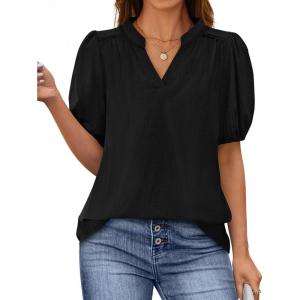 PRETTYGARDEN Womens Casual Summer Tops 2025 V Neck Short Puff Sleeve Pleated Cotton T Shirts Loose Dressy Blouses(Black)
