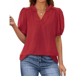 PRETTYGARDEN Womens Casual Summer Tops 2025 V Neck Short Puff Sleeve Pleated Cotton T Shirts Loose Dressy Blouses(Dark Red)