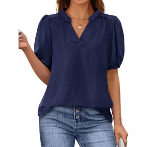 PRETTYGARDEN Womens Casual Summer Tops 2025 V Neck Short Puff Sleeve Pleated Cotton T Shirts Loose Dressy Blouses(Navy)