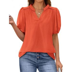 PRETTYGARDEN Womens Casual Summer Tops 2025 V Neck Short Puff Sleeve Pleated Cotton T Shirts Loose Dressy Blouses(Orange Red)