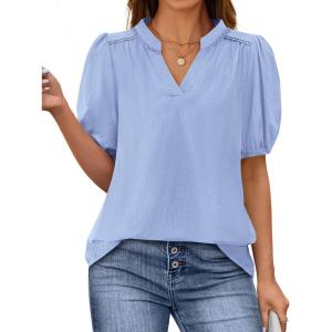 PRETTYGARDEN Womens Casual Summer Tops 2025 V Neck Short Puff Sleeve Pleated Cotton T Shirts Loose Dressy Blouses(Sky Blue)
