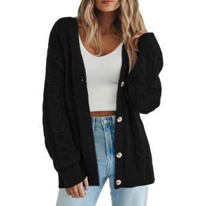 PRETTYGARDEN Womens Chunky Cardigan Sweaters 2025 Fall Oversized Cable Knit Long Sleeve Open Front Cardigans Winter Clothing(Black)