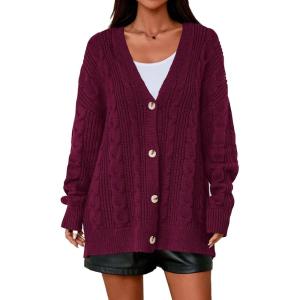 PRETTYGARDEN Womens Chunky Cardigan Sweaters 2025 Fall Oversized Cable Knit Long Sleeve Open Front Cardigans Winter Clothing(Burgundy)