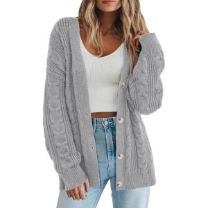 PRETTYGARDEN Womens Chunky Cardigan Sweaters 2025 Fall Oversized Cable Knit Long Sleeve Open Front Cardigans Winter Clothing(Grey)